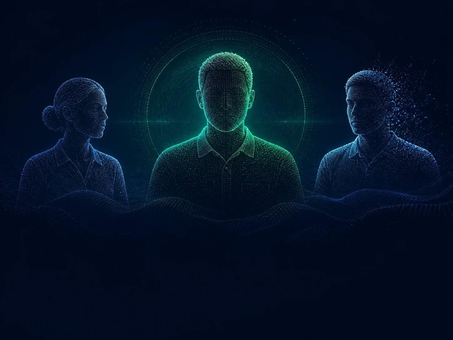 Three human silhouettes rendered as a dotted presence field, with the central participant verified in emerald light